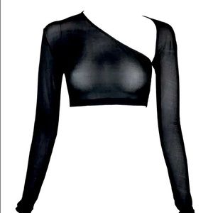 RARE Jean Paul Gaultier Classique 1990s Asymmetrical sheer mesh black crop top